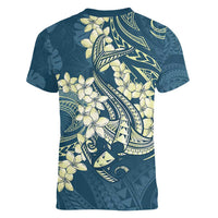 Cyan Polynesia Hammerhead Shark Tattoo With Plumeria Lei Women V-Neck T-Shirt LT14 - Polynesian Pride