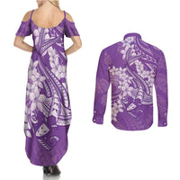 Purple Polynesia Hammerhead Shark Tattoo With Plumeria Lei Couples Matching Summer Maxi Dress and Long Sleeve Button Shirt LT14 - Polynesian Pride
