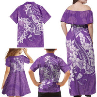 Purple Polynesia Hammerhead Shark Tattoo With Plumeria Lei Family Matching Off Shoulder Maxi Dress and Hawaiian Shirt