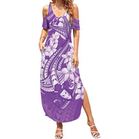 Purple Polynesia Hammerhead Shark Tattoo With Plumeria Lei Family Matching Summer Maxi Dress and Hawaiian Shirt