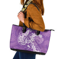 Purple Polynesia Hammerhead Shark Tattoo With Plumeria Lei Leather Tote Bag LT14 Purple - Polynesian Pride