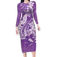 Purple Polynesia Hammerhead Shark Tattoo With Plumeria Lei Long Sleeve Bodycon Dress