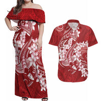 Red Polynesia Hammerhead Shark Tattoo With Plumeria Lei Couples Matching Off Shoulder Maxi Dress and Hawaiian Shirt