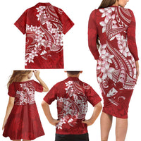 Red Polynesia Hammerhead Shark Tattoo With Plumeria Lei Family Matching Long Sleeve Bodycon Dress and Hawaiian Shirt