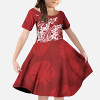 Red Polynesia Hammerhead Shark Tattoo With Plumeria Lei Family Matching Short Sleeve Bodycon Dress and Hawaiian Shirt