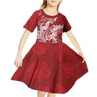 Red Polynesia Hammerhead Shark Tattoo With Plumeria Lei Kid Short Sleeve Dress