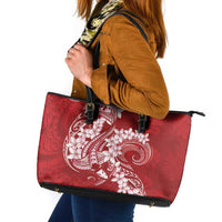 Red Polynesia Hammerhead Shark Tattoo With Plumeria Lei Leather Tote Bag LT14 Red - Polynesian Pride