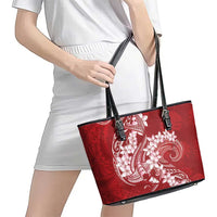 Red Polynesia Hammerhead Shark Tattoo With Plumeria Lei Leather Tote Bag LT14 - Polynesian Pride