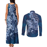 Navy Blue Polynesia Hammerhead Shark Tattoo With Plumeria Lei Couples Matching Tank Maxi Dress and Long Sleeve Button Shirt LT14 - Polynesian Pride