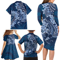 Navy Blue Polynesia Hammerhead Shark Tattoo With Plumeria Lei Family Matching Long Sleeve Bodycon Dress and Hawaiian Shirt LT14 - Polynesian Pride
