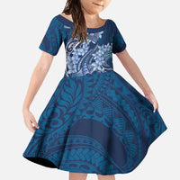 Navy Blue Polynesia Hammerhead Shark Tattoo With Plumeria Lei Family Matching Mermaid Dress and Hawaiian Shirt