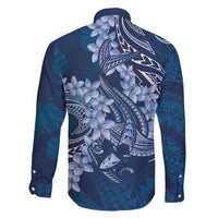 Navy Blue Polynesia Hammerhead Shark Tattoo With Plumeria Lei Family Matching Mermaid Dress and Hawaiian Shirt