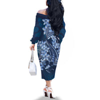 Navy Blue Polynesia Hammerhead Shark Tattoo With Plumeria Lei Family Matching Off The Shoulder Long Sleeve Dress and Hawaiian Shirt