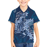 Navy Blue Polynesia Hammerhead Shark Tattoo With Plumeria Lei Family Matching Off Shoulder Short Dress and Hawaiian Shirt