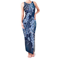 Navy Blue Polynesia Hammerhead Shark Tattoo With Plumeria Lei Family Matching Tank Maxi Dress and Hawaiian Shirt