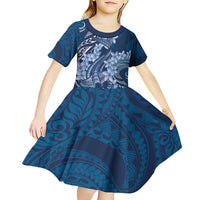 Navy Blue Polynesia Hammerhead Shark Tattoo With Plumeria Lei Kid Short Sleeve Dress