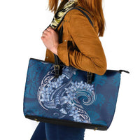 Navy Blue Polynesia Hammerhead Shark Tattoo With Plumeria Lei Leather Tote Bag LT14 Navy Blue - Polynesian Pride