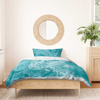 Teal Polynesia Hammerhead Shark Tattoo With Plumeria Lei Bedding Set