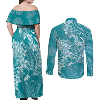 Teal Polynesia Hammerhead Shark Tattoo With Plumeria Lei Couples Matching Off Shoulder Maxi Dress and Long Sleeve Button Shirt LT14 - Polynesian Pride