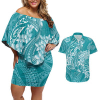 Teal Polynesia Hammerhead Shark Tattoo With Plumeria Lei Couples Matching Off Shoulder Short Dress and Hawaiian Shirt