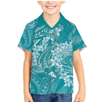 Teal Polynesia Hammerhead Shark Tattoo With Plumeria Lei Family Matching Mermaid Dress and Hawaiian Shirt