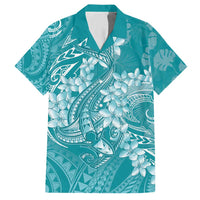 Teal Polynesia Hammerhead Shark Tattoo With Plumeria Lei Family Matching Short Sleeve Bodycon Dress and Hawaiian Shirt