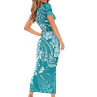 Teal Polynesia Hammerhead Shark Tattoo With Plumeria Lei Family Matching Short Sleeve Bodycon Dress and Hawaiian Shirt