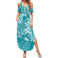 Teal Polynesia Hammerhead Shark Tattoo With Plumeria Lei Family Matching Summer Maxi Dress and Hawaiian Shirt