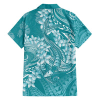 Teal Polynesia Hammerhead Shark Tattoo With Plumeria Lei Family Matching Tank Maxi Dress and Hawaiian Shirt