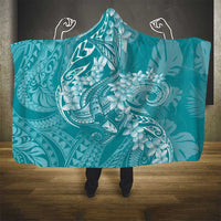 Teal Polynesia Hammerhead Shark Tattoo With Plumeria Lei Hooded Blanket