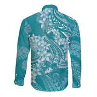 Teal Polynesia Hammerhead Shark Tattoo With Plumeria Lei Long Sleeve Button Shirt