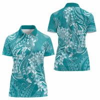Teal Polynesia Hammerhead Shark Tattoo With Plumeria Lei Women Polo Shirt