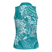 Teal Polynesia Hammerhead Shark Tattoo With Plumeria Lei Women Sleeveless Polo Shirt LT14 - Polynesian Pride