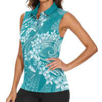Teal Polynesia Hammerhead Shark Tattoo With Plumeria Lei Women Sleeveless Polo Shirt LT14 - Polynesian Pride