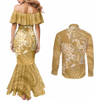 Yellow Polynesia Hammerhead Shark Tattoo With Plumeria Lei Couples Matching Mermaid Dress and Long Sleeve Button Shirt LT14 - Polynesian Pride