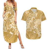 Yellow Polynesia Hammerhead Shark Tattoo With Plumeria Lei Couples Matching Summer Maxi Dress and Hawaiian Shirt