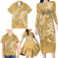 Yellow Polynesia Hammerhead Shark Tattoo With Plumeria Lei Family Matching Long Sleeve Bodycon Dress and Hawaiian Shirt