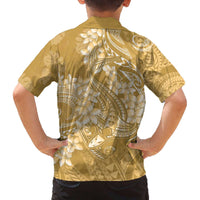 Yellow Polynesia Hammerhead Shark Tattoo With Plumeria Lei Family Matching Off The Shoulder Long Sleeve Dress and Hawaiian Shirt