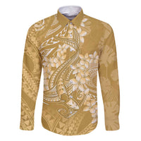 Yellow Polynesia Hammerhead Shark Tattoo With Plumeria Lei Family Matching Off Shoulder Maxi Dress and Hawaiian Shirt