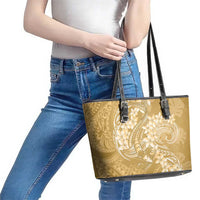 Yellow Polynesia Hammerhead Shark Tattoo With Plumeria Lei Leather Tote Bag