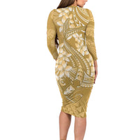 Yellow Polynesia Hammerhead Shark Tattoo With Plumeria Lei Long Sleeve Bodycon Dress