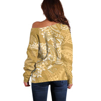 Yellow Polynesia Hammerhead Shark Tattoo With Plumeria Lei Off Shoulder Sweater