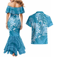 Blue Polynesia Hammerhead Shark Tattoo With Plumeria Lei Couples Matching Mermaid Dress and Hawaiian Shirt
