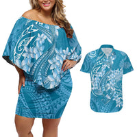 Blue Polynesia Hammerhead Shark Tattoo With Plumeria Lei Couples Matching Off Shoulder Short Dress and Hawaiian Shirt