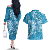 Blue Polynesia Hammerhead Shark Tattoo With Plumeria Lei Couples Matching Off The Shoulder Long Sleeve Dress and Hawaiian Shirt