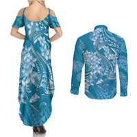 Blue Polynesia Hammerhead Shark Tattoo With Plumeria Lei Couples Matching Summer Maxi Dress and Long Sleeve Button Shirt