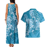 Blue Polynesia Hammerhead Shark Tattoo With Plumeria Lei Couples Matching Tank Maxi Dress and Hawaiian Shirt