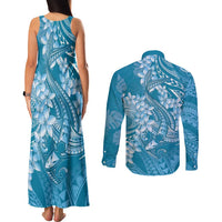 Blue Polynesia Hammerhead Shark Tattoo With Plumeria Lei Couples Matching Tank Maxi Dress and Long Sleeve Button Shirt