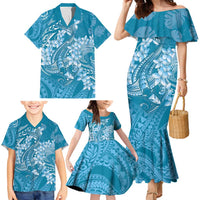 Blue Polynesia Hammerhead Shark Tattoo With Plumeria Lei Family Matching Mermaid Dress and Hawaiian Shirt