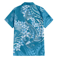 Blue Polynesia Hammerhead Shark Tattoo With Plumeria Lei Family Matching Off The Shoulder Long Sleeve Dress and Hawaiian Shirt